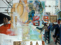 "Doris and Ted find London" 1992-2005, Oil, paper, varnish on board, 38 x 51cms